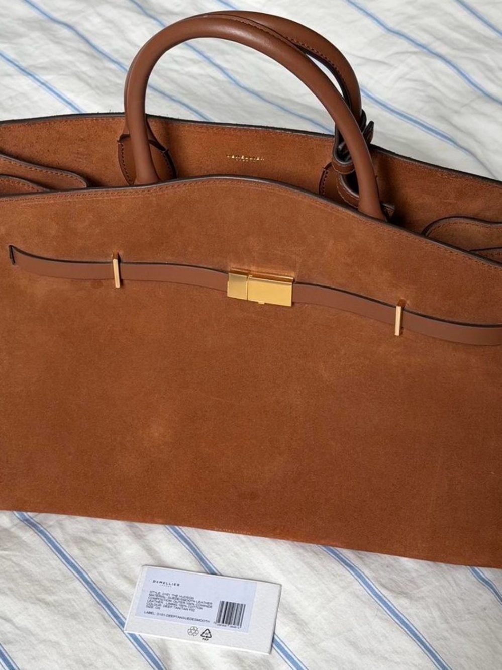 Brown Suede Top-Handle Tote Bag with Gold Accent